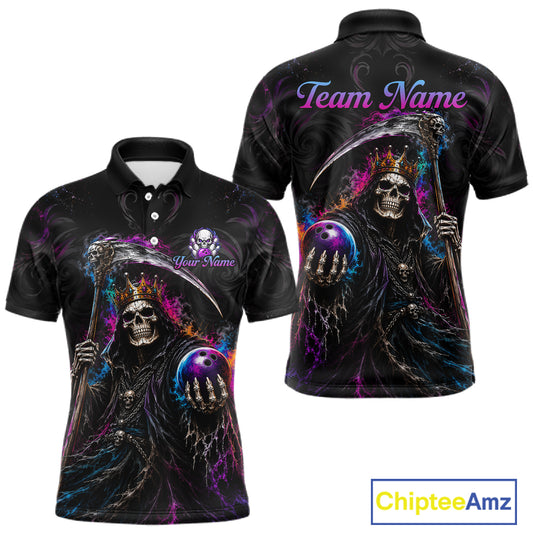 Black short-sleeve polo shirt shown from front and back, featuring a large grim reaper graphic with a crown, scythe, skeleton, glowing purple bowling balls, and colorful neon lightning effects. The back has 'Team Name' text and the front has a smaller 'Your Name' placeholder.