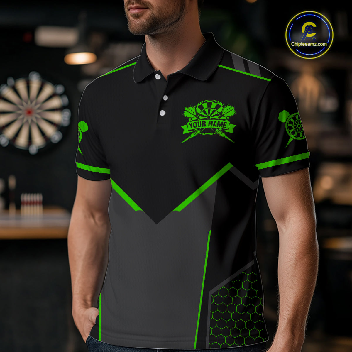 Personalized Green Dart Team Shirt for Men Custom Dart Jersey Polo & 1/4-Zip Dartboard Outfit DHT16