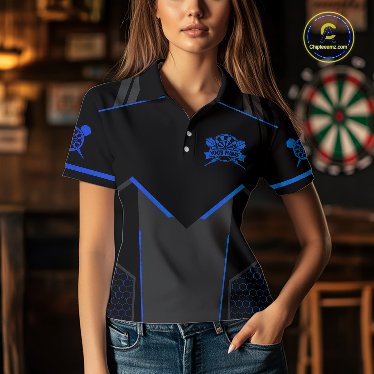 Personalized Blue Dart Team Shirt for Women Custom Dart Jersey Polo & 1/4-Zip Dartboard Outfit DHT16