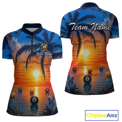 Two views of quarter-zip jerseys with sunset design and pool balls, customizable with 'Team Name' and 'Your Name'. Brand 'Chiptee Amz' visible.