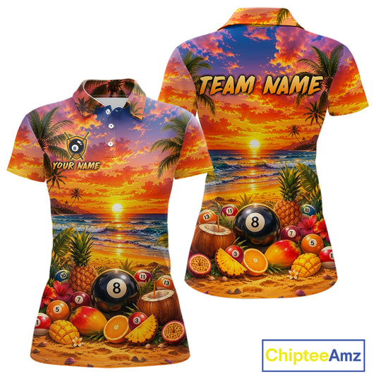 Two views of polo shirts with a tropical design featuring a sunset, palm trees, and pool balls.