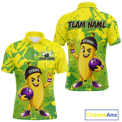 Front and back views of a yellow and green short-sleeve polo shirt with a cartoon banana bowling graphic, customizable text placeholders, and a ChipteeAmz logo in the bottom right corner.