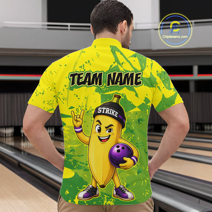 A man wearing custom yellow banana bowling quarter-zip shirt back view featuring a bowling ball and green camouflage pattern, displaying Team Name, at the bowling alley