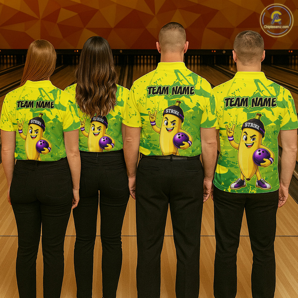 Group of four wearing custom yellow banana bowling shirts back view featuring a bowling ball and green camouflage pattern, displaying Team Name, at the bowling alley