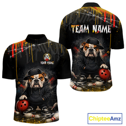 Front and back view custom black bulldog bowling quarter-zip shirt featuring a fierce cartoon mascot, bowling ball, paint drip effect and grunge pattern, displaying Your Name and Team Name