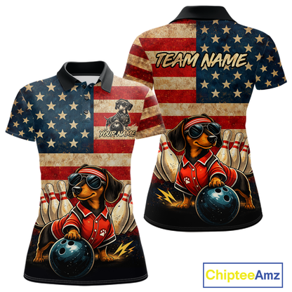 Custom American Flag Retro Dachshund Bowling Shirt Bowling Team Jersey for Women Polo & Quarter-Zip QZT942