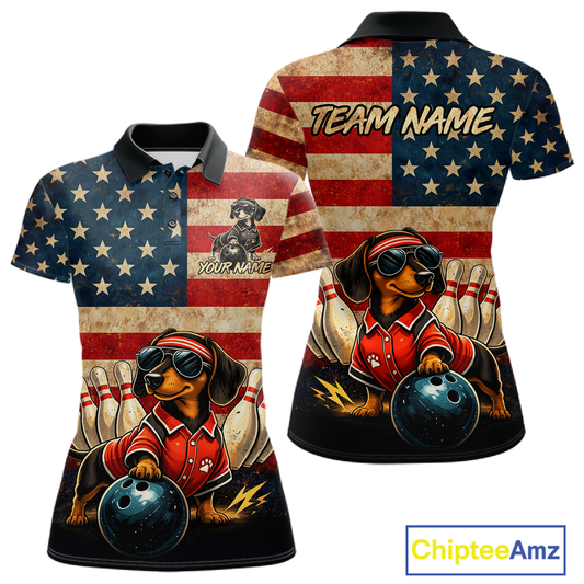 Custom American Flag Retro Dachshund Bowling Shirt Bowling Team Jersey for Women Polo & Quarter-Zip QZT942
