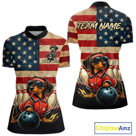 Custom American Flag Retro Dachshund Bowling Shirt Bowling Team Jersey for Women Polo & Quarter-Zip QZT942
