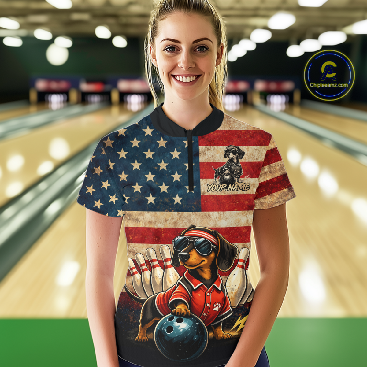 Custom American Flag Retro Dachshund Bowling Shirt Bowling Team Jersey for Women Polo & Quarter-Zip QZT942