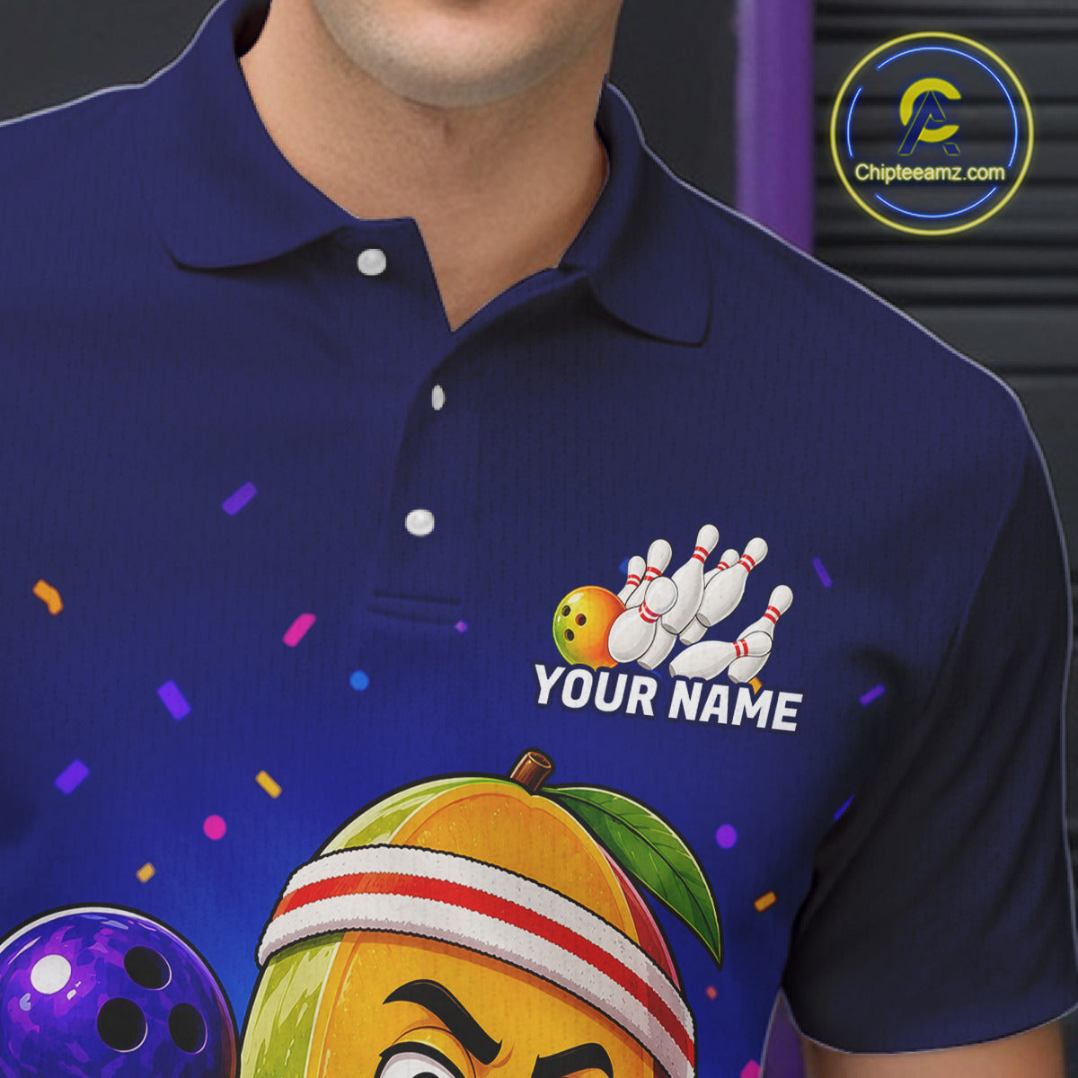 Blue polo shirt with bowling design and 'Your Name' text, brand logo visible