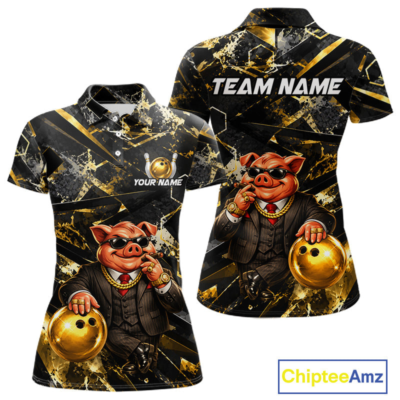 Custom Funny Mafia Pig Bowling Shirt, Black and Gold Bowling League Jersey for Women, Bowling Outfit QZT1203