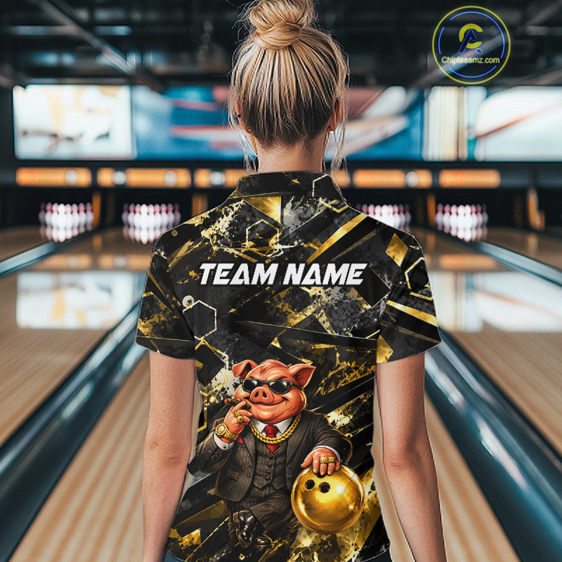Custom Funny Mafia Pig Bowling Shirt, Black and Gold Bowling League Jersey for Women, Bowling Outfit QZT1203