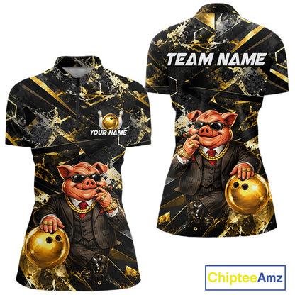 Custom Funny Mafia Pig Bowling Shirt, Black and Gold Bowling League Jersey for Women, Bowling Outfit QZT1203