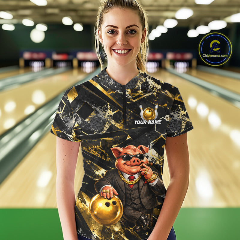 Custom Funny Mafia Pig Bowling Shirt, Black and Gold Bowling League Jersey for Women, Bowling Outfit QZT1203
