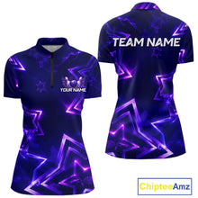 Load image into Gallery viewer, Custom Neon Purple Star Bowling Shirt for Women Bowling Jersey Polo &amp; Quarter-Zip QZT1025