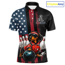 Load image into Gallery viewer, Polo shirt with dachshund graphic, American flag design, and 'ChipteeAmz' branding.