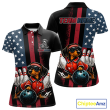 Load image into Gallery viewer, Polo shirt with dachshund bowling design and American flag pattern, featuring 'Chiptee Amz' branding.
