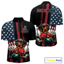 Load image into Gallery viewer, Two views of a shirt with a dachshund bowling design on an American flag background, featuring the brand 'Chiptee Amz'.