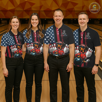 Four people wearing matching bowling shirts in a bowling alley.