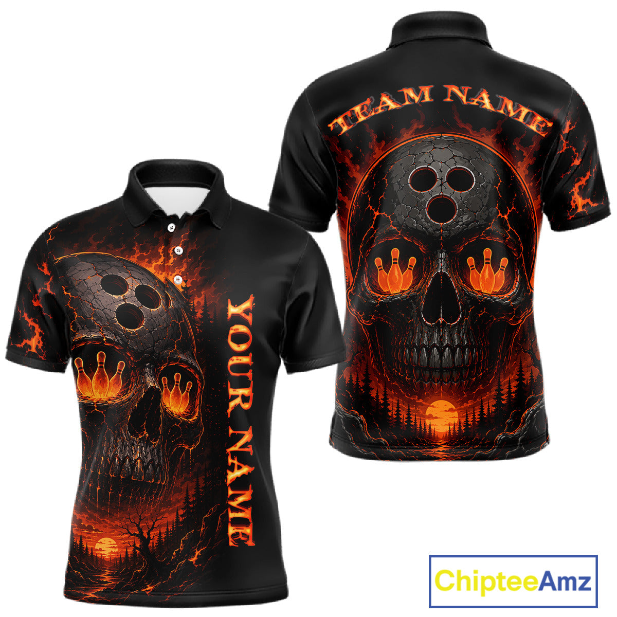 Black polo shirt with fiery skull design on front and back, customizable text.