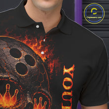 Load image into Gallery viewer, Black polo shirt with fiery bowling design and 'YOLI' text, brand logo visible.