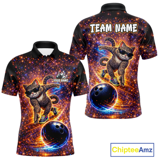 Custom Galaxy Funny Cat Bowling Shirt for Men Bowling League Jersey Polo & Quarter-Zip Bowling Outfit QZT917