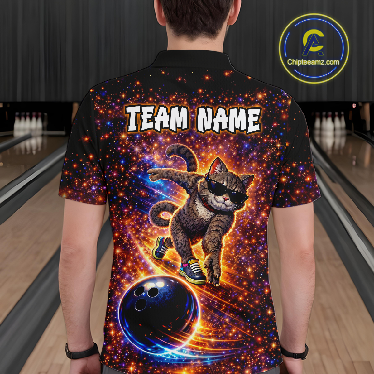 Custom Galaxy Funny Cat Bowling Shirt for Men Bowling League Jersey Polo & Quarter-Zip Bowling Outfit QZT917