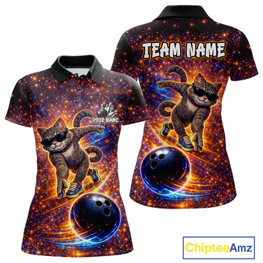 Custom Galaxy Funny Cat Bowling Shirt for Women Bowling League Jersey Polo & Quarter-Zip Bowling Outfit QZT917