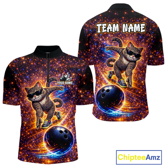 Custom Galaxy Funny Cat Bowling Shirt for Men Bowling League Jersey Polo & Quarter-Zip Bowling Outfit QZT917