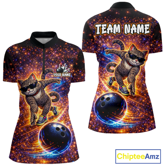Custom Galaxy Funny Cat Bowling Shirt for Women Bowling League Jersey Polo & Quarter-Zip Bowling Outfit QZT917