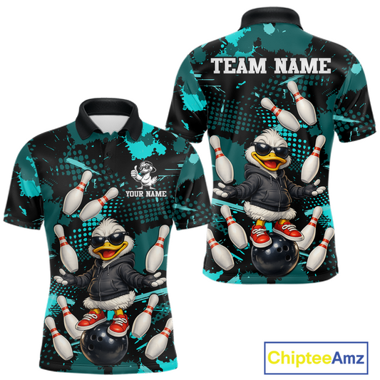 Custom Turquoise Funny Duck Bowling Shirt for Men Bowling Jersey Polo & 1/4 Zip Bowling Outfit QZT943