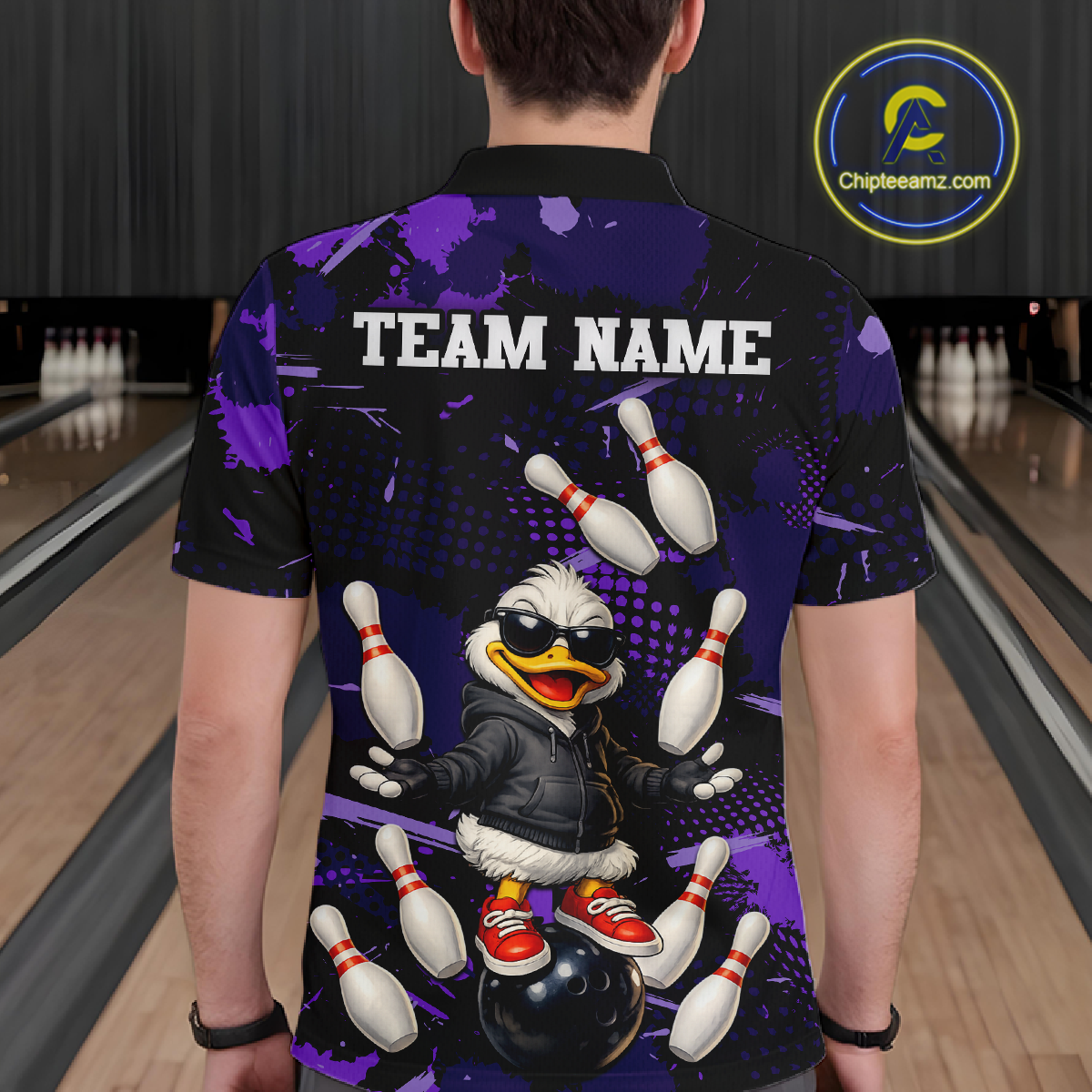 Custom Purple Funny Duck Bowling Shirt for Men Bowling Jersey Polo & 1/4 Zip Bowling Outfit QZT943