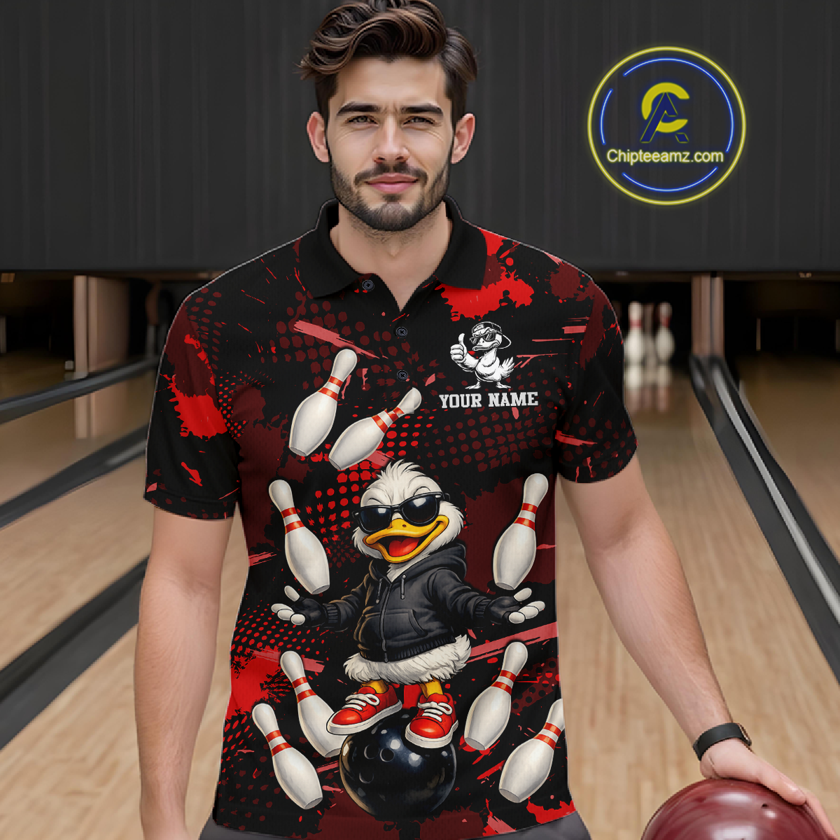 Custom Red Funny Duck Bowling Shirt for Men Bowling Jersey Polo & 1/4 Zip Bowling Outfit QZT943
