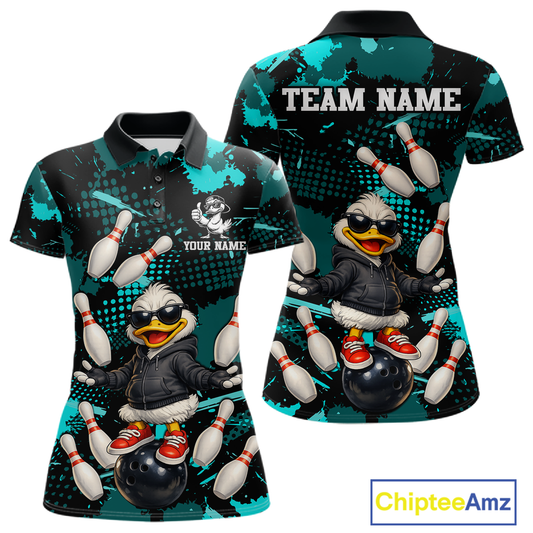 Custom Turquoise Funny Duck Bowling Shirt for Women Bowling Jersey Polo & 1/4 Zip Bowling Outfit QZT943