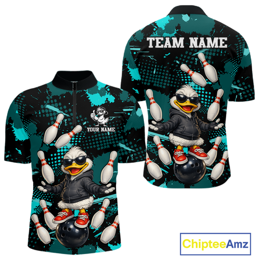 Custom Turquoise Funny Duck Bowling Shirt for Men Bowling Jersey Polo & 1/4 Zip Bowling Outfit QZT943