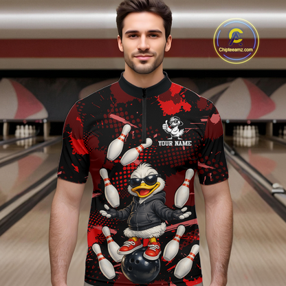 Custom Red Funny Duck Bowling Shirt for Men Bowling Jersey Polo & 1/4 Zip Bowling Outfit QZT943