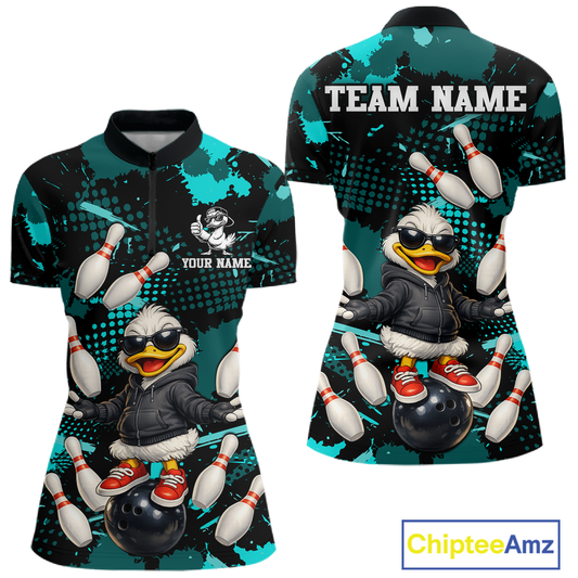 Custom Turquoise Funny Duck Bowling Shirt for Women Bowling Jersey Polo & 1/4 Zip Bowling Outfit QZT943