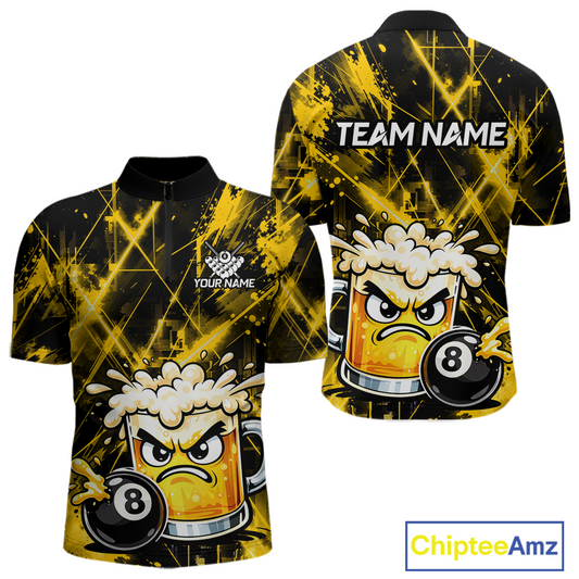 Custom Yellow Funny Beer Billiard Shirt for Men Billiard Jersey 8 Ball Pool Shirt Outfit BHT23