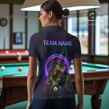 Load image into Gallery viewer, Person wearing a dark blue polo shirt with a colorful graphic and 'TEAM NAME' text in a pool hall.