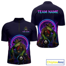 Load image into Gallery viewer, Navy blue shirt with a colorful design of a crocodile cowboy and 8-ball, with 'Team Name' and 'Your Name' text on the back.