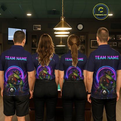 Four people wearing matching shirts with a colorful design and 'TEAM NAME' text in a casual setting.