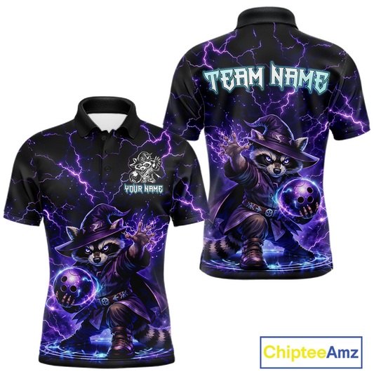 Personalized Raccoon Wizard Bowling Shirt for Men Purple Thunder Lightning Bowling Jersey QZT920