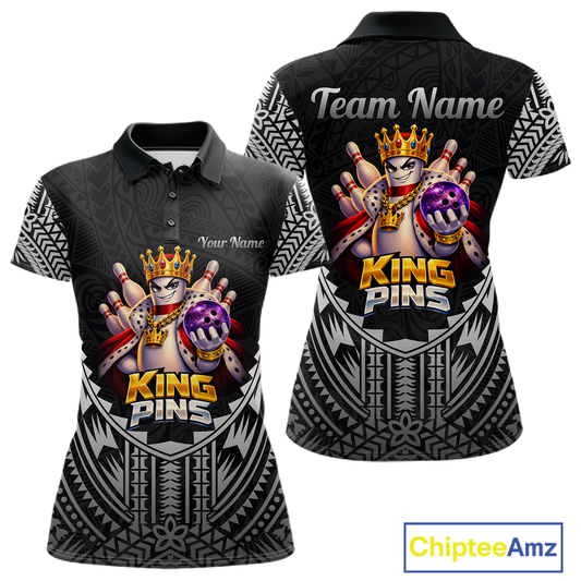 Funny King Pins Bowling Team Shirt for Women Custom Tribal Buddies Bowling Jersey Polo & 1/4 Zip QZT946