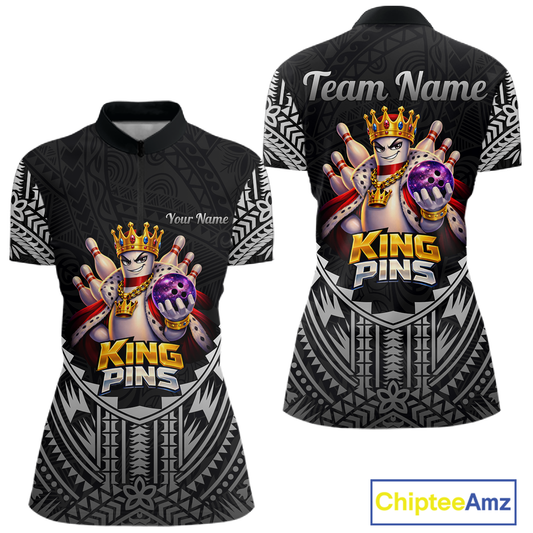 Funny King Pins Bowling Team Shirt for Women Custom Tribal Buddies Bowling Jersey Polo & 1/4 Zip QZT946