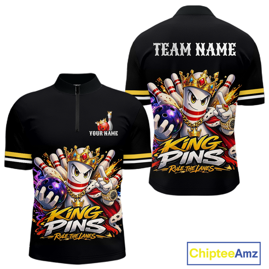Custom King Pins Bowling Shirt for Men Bowling Team Jersey Polo & Quarter-Zip Shirt Bowling Tournament QZT950