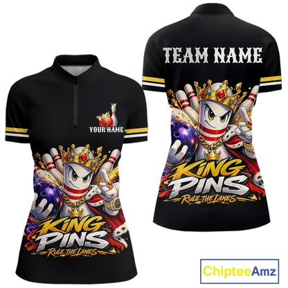 Custom King Pins Bowling Shirt for Women Bowling Team Jersey Polo & Quarter-Zip Shirt Bowling Tournament QZT950