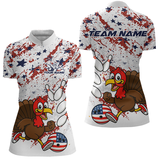 Bowling shirt with cartoon turkey design and customizable text on a white background