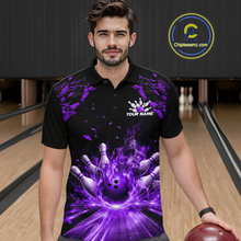Load image into Gallery viewer, Custom Purple Flame Bowling Team Shirt for Men Polo &amp; 1/4-Zip Bowling Jersey Bowling League Uniform QZT866