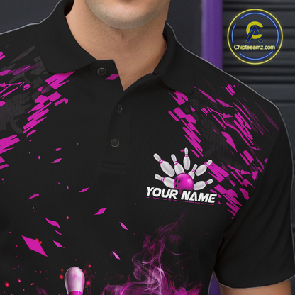 Custom Pink Flame Bowling Team Shirt for Men Polo & 1/4-Zip Bowling Jersey Bowling League Uniform QZT866