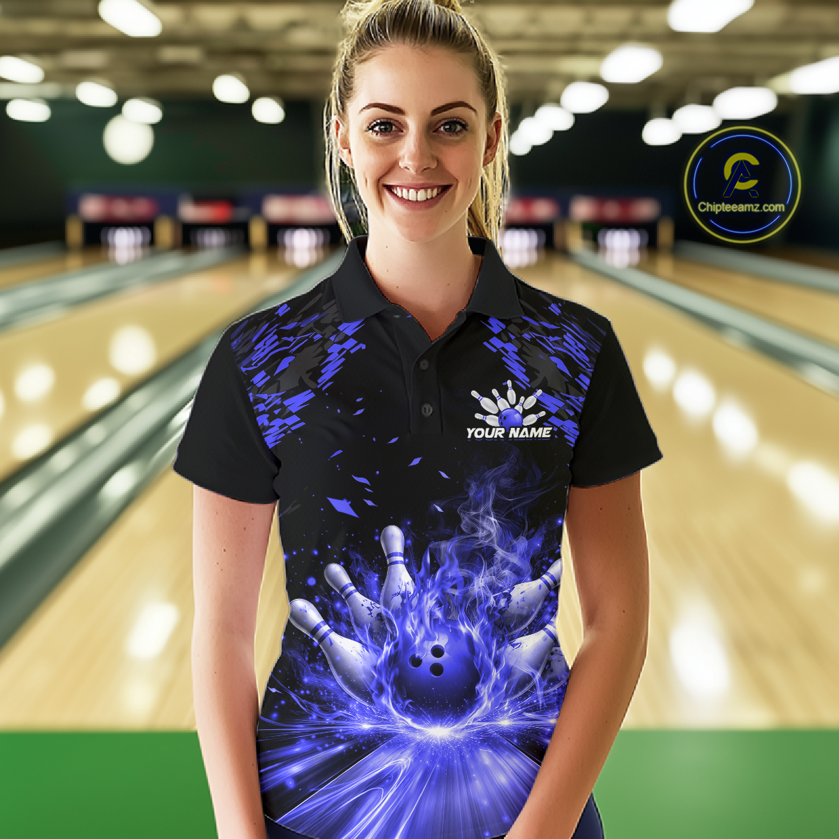Custom Blue Flame Bowling Team Shirt for Women Polo & 1/4-Zip Bowling Jersey Bowling League Uniform QZT866